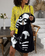 V Neck Puff Sleeve Black Singer Artwork Midi Dress