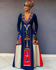 Vintage Ancient Egyptian Eye Of Horus Art Print Long-Sleeved Maxi Dress