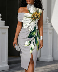 White Flower Branch Art Print One-shoulder Draped Asymmetrical Midi Dress