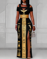 Cutout Off-shoulder V-neck Black Culture Egyptian Anka Symbol Short Sleeve Bodycon Party Dress