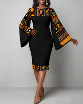 African American Culture Flared Sleeve Bodycon Midi Dress