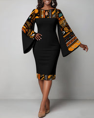 African American Culture Flared Sleeve Bodycon Midi Dress