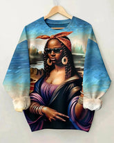 Black Mona Lisa Print Crewneck Sweatshirt