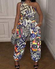 Retro Graffiti Print Women's One Shoulder Jumpsuit