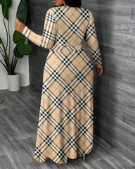 Classic Plaid Print Round Neck Long Sleeve Maxi Dress