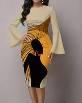 African Woman Painting Flared Sleeves Midi Bodycon Dresses