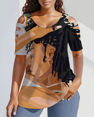 Curly Hair Woman Illustration Round Neck Off-shoulder Short-sleeved T-shirt