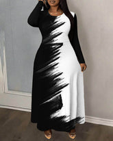 Ink and Color Matching Round Neck Long Sleeve Maxi Dress