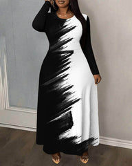 Ink and Color Matching Round Neck Long Sleeve Maxi Dress