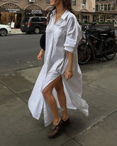 Solid Color Hem Slit Shirt Collar Long Sleeve Maxi Dress