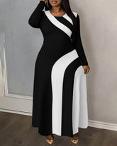 Black and White Wavy Stripes Round Neck Long Sleeve Maxi Dress