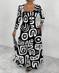 African Abstract White Stripes Long Sleeve Maxi Dress