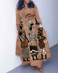 Tribal Working Women Long Sleeve Pockets Maxi Dress