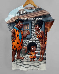 Flintstones Cartoon Black Family Print Crew Neck Short Sleeve Tshirt
