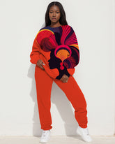 Chic Art Print Long Sleeve Crewneck Sweatshirt And Sweatpants Set