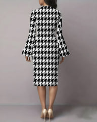 Classic Houndstooth Flared Sleeves Midi Bodycon Dresses