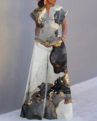 Marble Gradient Color Neckline Batwing Sleeve Wide Leg Jumpsuit