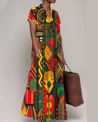 Juneteenth Black Geometric Short Sleeve Lapel Dress