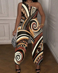 Retro Ethnic Style Printed Women's One-shoulder Jumpsuit