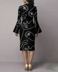 Line Face Art Flared Sleeves Midi Bodycon Dresses