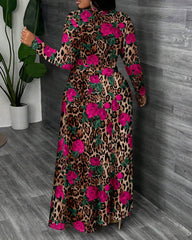 Leopard Rose Print Round Neck Long Sleeve Maxi Dress