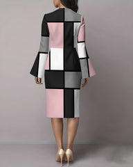 Contrast Color Geometric Plaid Flared Sleeves Midi Bodycon Dresses