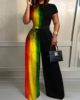 Gradient Color Contrast 2pcs Set Wide Leg Jumpsuit