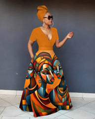 V Neck African Abstract Wall Art Short Sleeve Maxi Dress