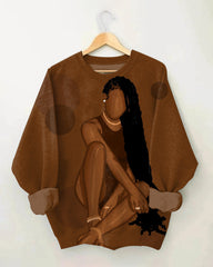 Long-haired Brown Girl Illustration Long Sleeve Sweatshirt