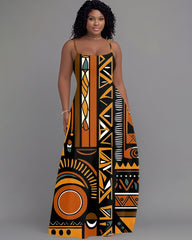 Sling Tribal Geometric Print Holiday Pocket Dress