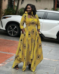 Square Neck Tie-Waist 3/4 Sleeve Ankara Yellow Polka Dots Maxi Dress