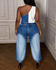 Denim Color Fun Print One-shoulder Jumpsuit-- Not Faux Denim Fabric