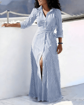 Classic Striped Belted Button-down Maxi Dress