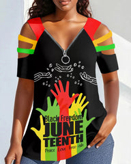 Celebrate Juneteenth Together Zipper V-Neck Short Sleeve Tshirt
