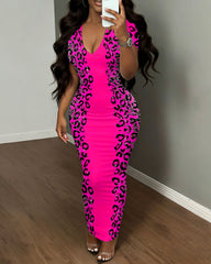 V-Neck Pink Leopard Dress