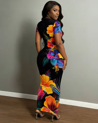 Women's V-neck Large Flower Black Hip Dress
