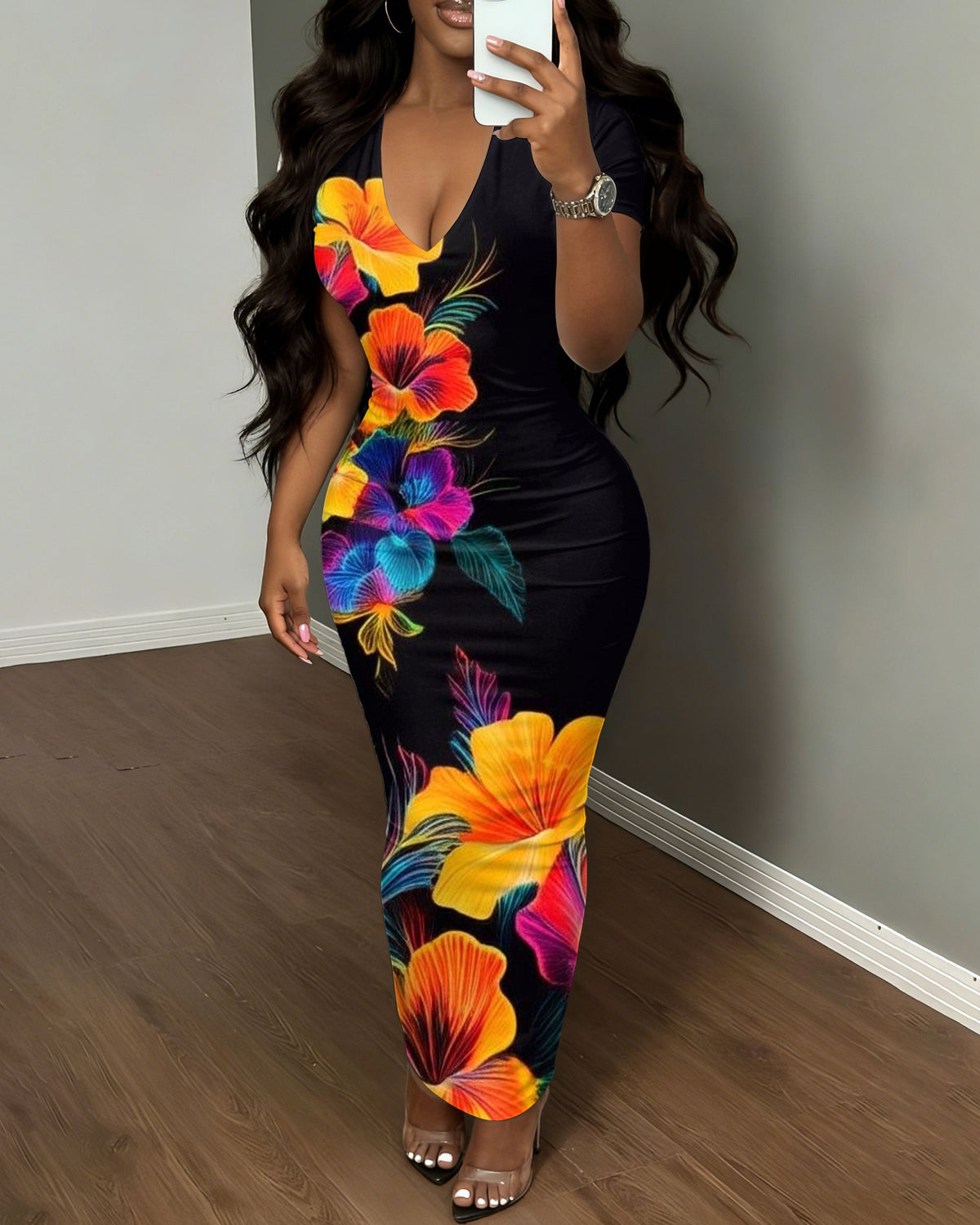 Women's V-neck Large Flower Black Hip Dress