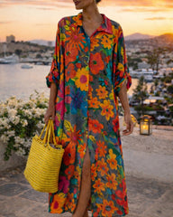 Half Sleeves Loose Buttoned Contrast Color Floral Printed Split-Front Lapel Maxi Dresses Shirt Dress