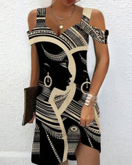Vintage Engraving Print V Neck Off Shoulder Dress