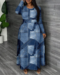 Blue Denim Print Round Neck Long Sleeve Maxi Dress
