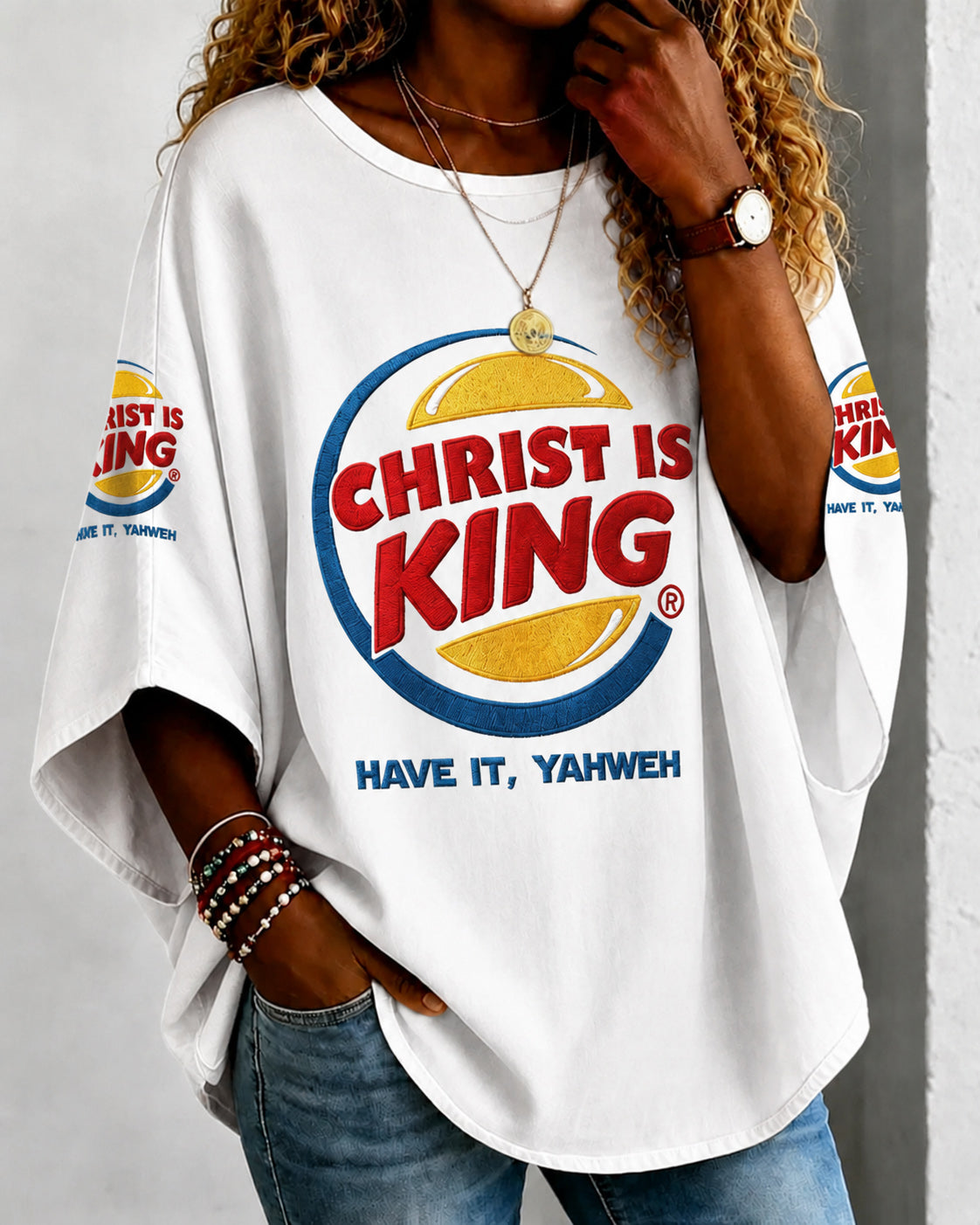 Women's Christ Is King Print Round Neck Loose Top
