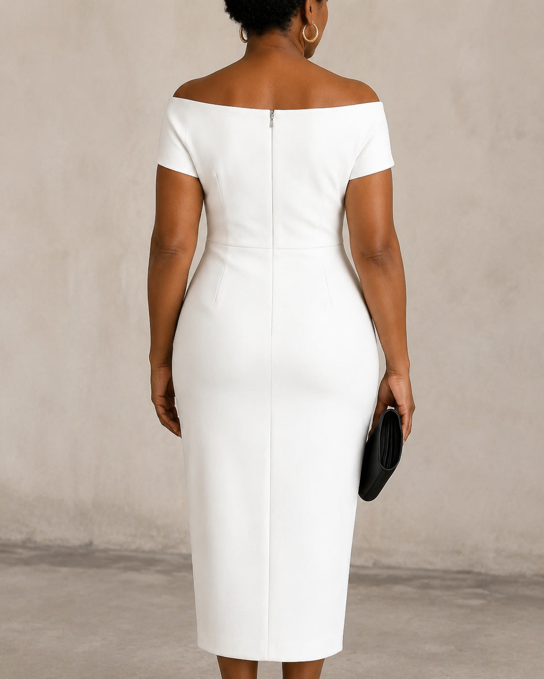 Off Shoulder Waist Cinched Ruched Slit Hem Midi Dress