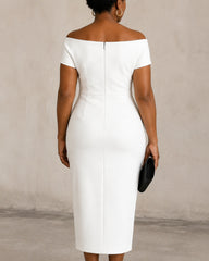 Off Shoulder Waist Cinched Ruched Slit Hem Midi Dress