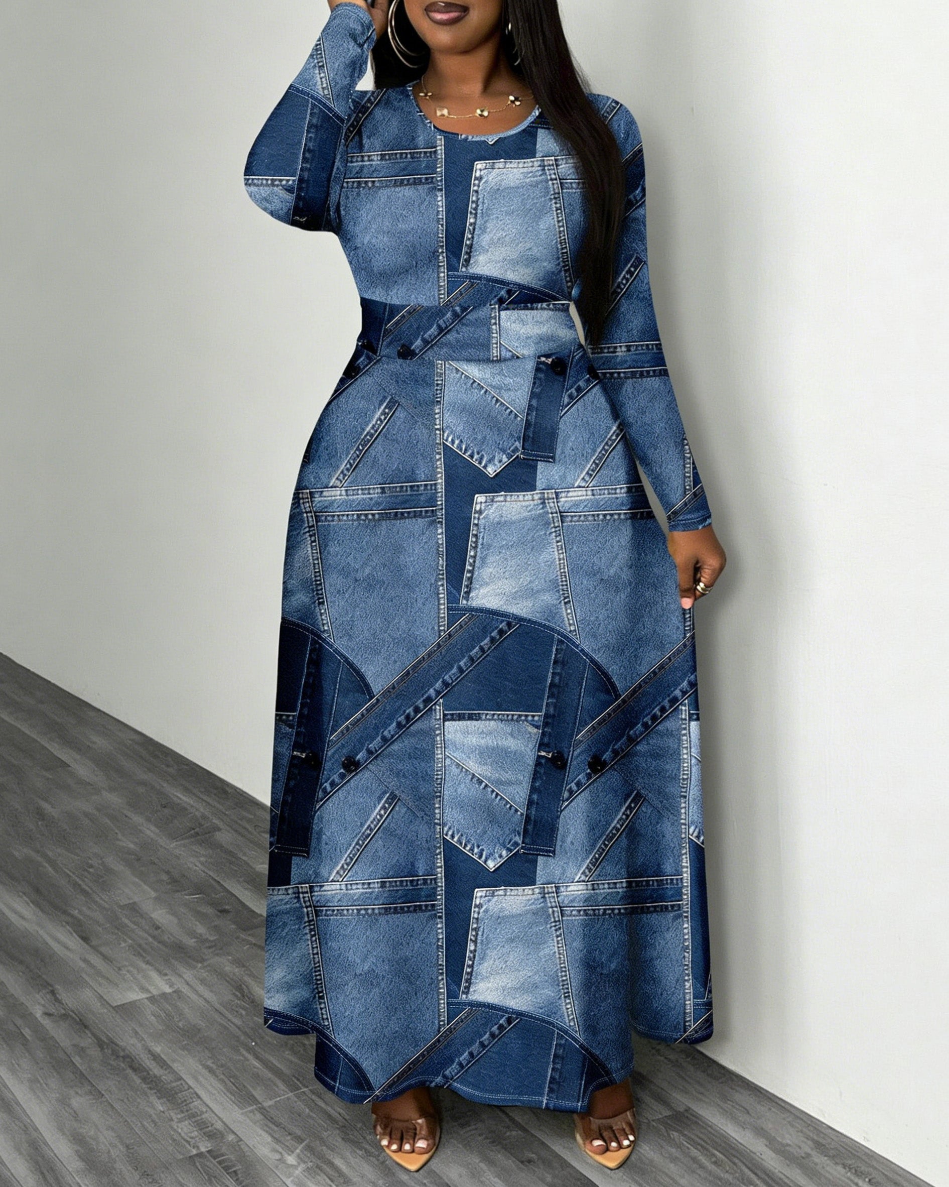 Blue Denim Patch Print Crewneck Long Sleeve Pocket Dress