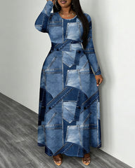 Blue Denim Patch Print Crewneck Long Sleeve Pocket Dress