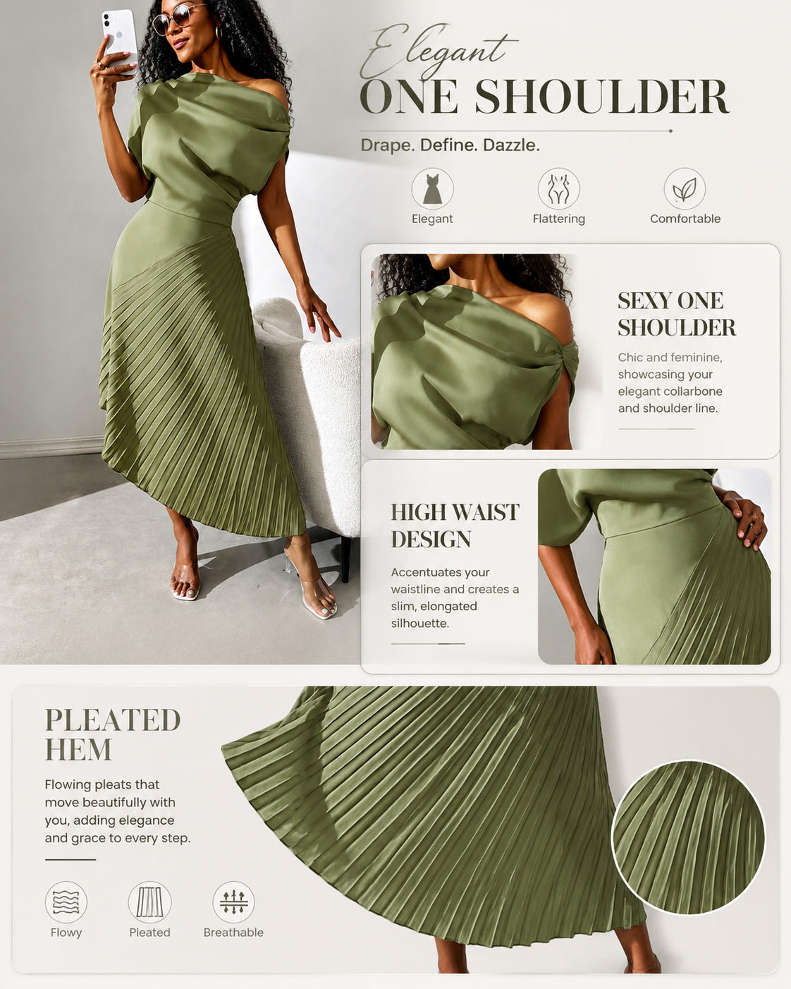 Women's Elegant Open Shoulder Dress With Pleated Panel Maxi Satin Women Outfit