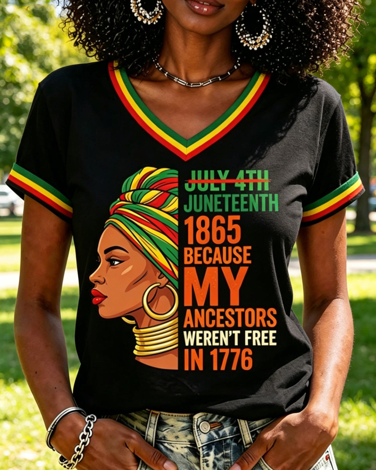 Juneteenth Black Women Freedom Since1865 V-neck Short Sleeve Tshirt
