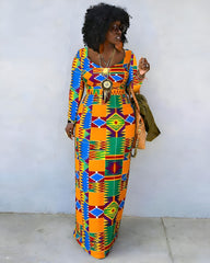 Africa Print Crew Neck Long Sleeve Dress