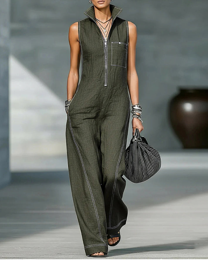 Stand-up Collar Sleeveless Casual Loose Pocket Cotton Linen Jumpsuit