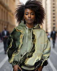 Olive Green Abstract Marble Hoodie with Gold Foil Accents